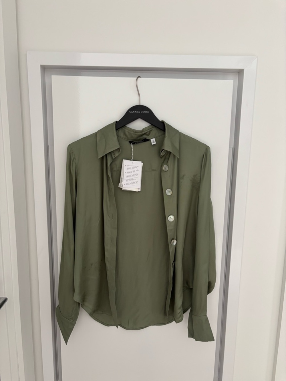 & Other Stories Olive Green Button-Front Silk Shirt with Pearl Buttons